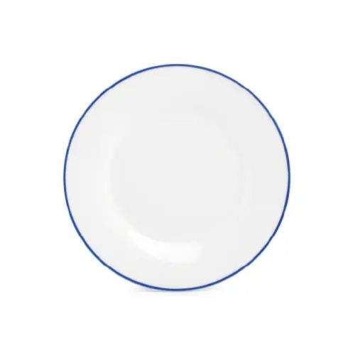 Rond bord van wit porselein met blauwe rand uit de Basic lijn, 15 cm doorsnee, recht van voren weergegeven.