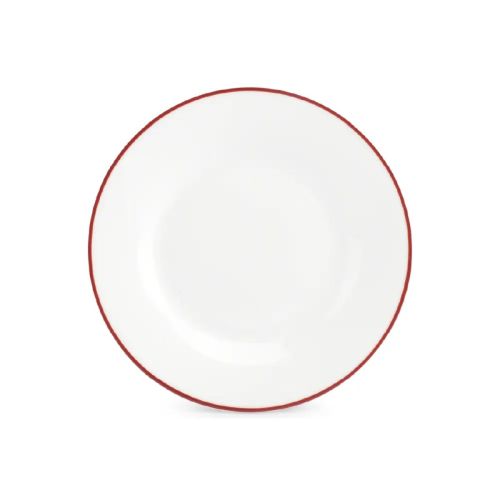 Rond bord van wit porselein met rode rand uit de Basic lijn, 15 cm doorsnee, recht van voren weergegeven.