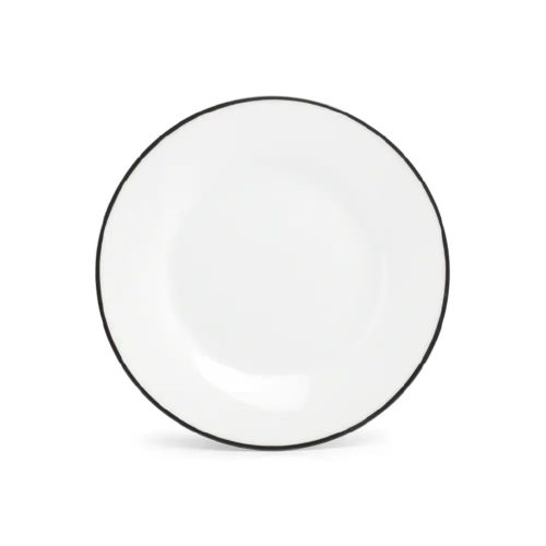 Rond bord van wit porselein met zwarte rand uit de Basic lijn, 15 cm doorsnee, recht van voren weergegeven.