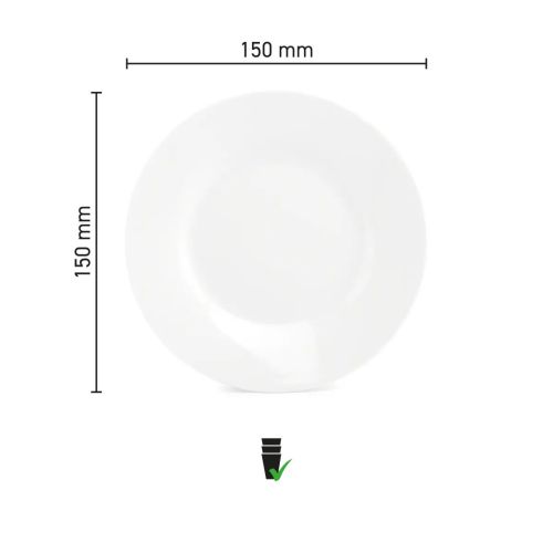 Infographic toont de diameter en randhoogte van het porseleinen bord Basic 15 cm.
