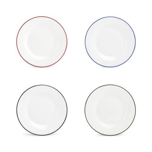 Verschillende kleuruitvoeringen van de rand van het bord Basic lijn 20 cm overzichtelijk getoond.