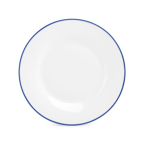 Basic lijn bord van wit porselein met blauwe rand en 20 cm diameter, zichtbaar in frontaal aanzicht.