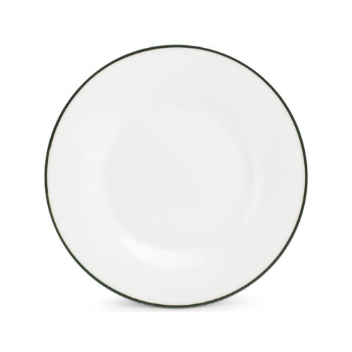 Basic lijn bord van wit porselein met groene rand en 20 cm diameter, zichtbaar in frontaal aanzicht.