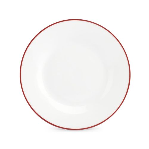 Basic lijn bord van wit porselein met rode rand en 20 cm diameter, zichtbaar in frontaal aanzicht.