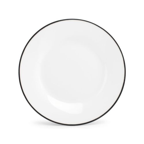Basic lijn bord van wit porselein met zwarte rand en 20 cm diameter, zichtbaar in frontaal aanzicht.