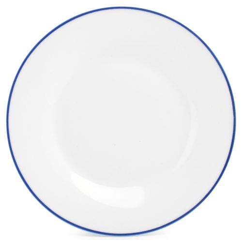 Rond porseleinen bord van 27 cm uit de Basic lijn met blauwe rand, wit en symmetrisch van voren gezien.