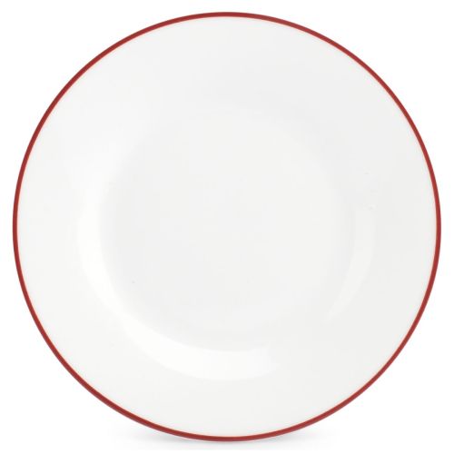 Rond porseleinen bord van 27 cm uit de Basic lijn met rode rand, wit en symmetrisch van voren gezien.