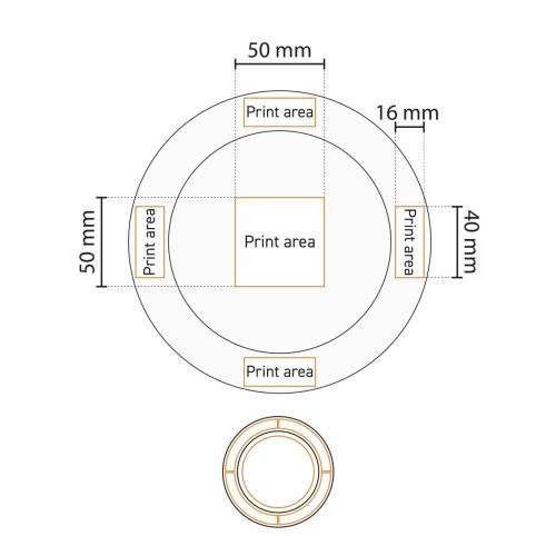 Technische werktekening van drukgebied op het bord brede rand wit 17 cm glas.