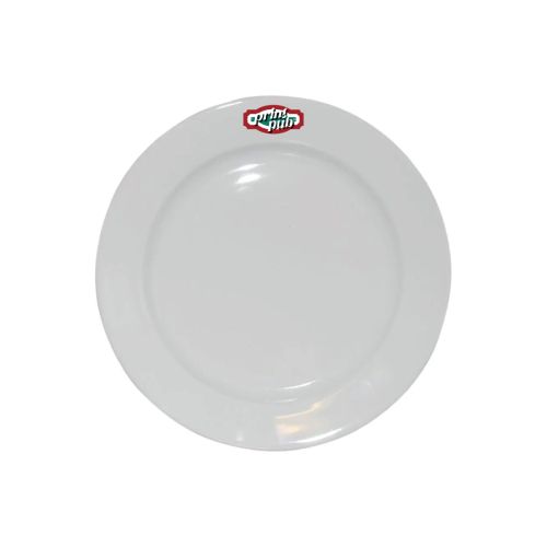 Wit glazen bord met brede rand van 17 cm, bedrukt met een kleurrijk PrintPub-logo.