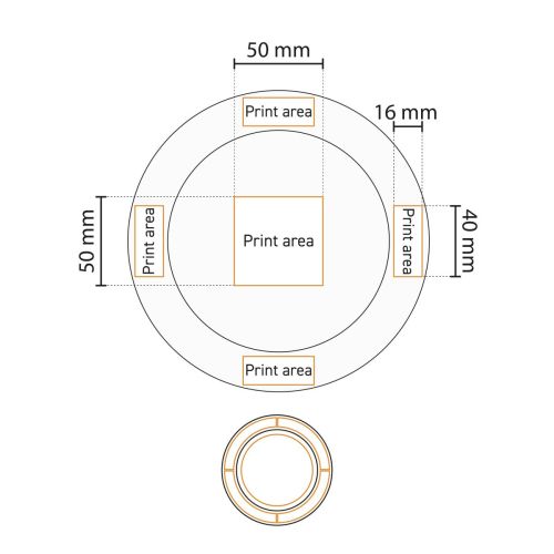 Werktekening van drukgebied op bord brede rand wit 21 cm porselein voor logoplaatsing.