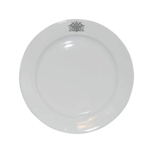 Bord 21 cm van wit porselein met enkelkleurig CorkColor-logo op de rand gedrukt.