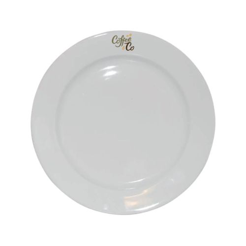 Voorzijde van porseleinen bord 21 cm met meerkleurig CoffeeCo-logo op de brede rand.