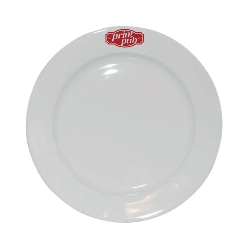 Bord brede rand wit 24 cm van porselein met enkelkleurig PrintPub-logo op de rand.