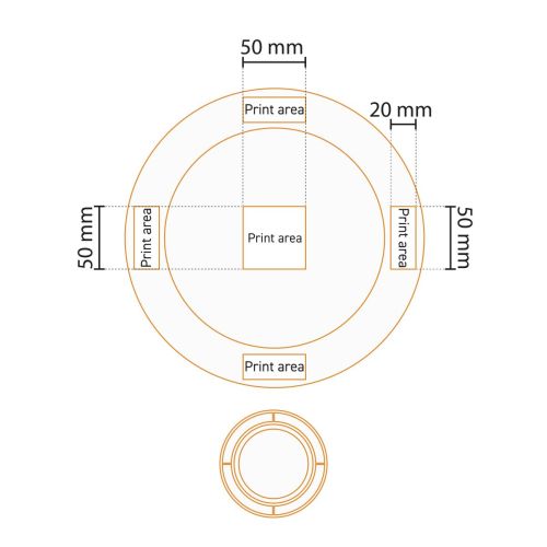 Technische werktekening van drukgebied op bord brede rand wit 24 cm porselein.