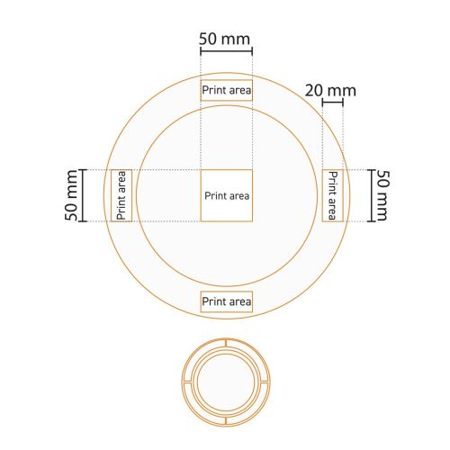 Werktekening van drukgebied op bord brede rand 26,5 cm porselein met logopositie.