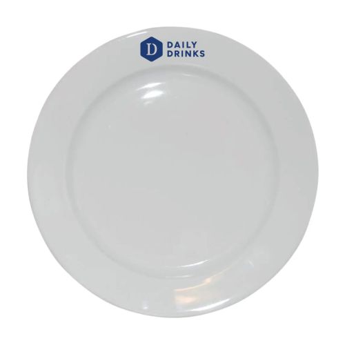Porseleinen bord 26,5 cm bedrukt met een enkelkleurig DailyDrinks-logo op de randzone.