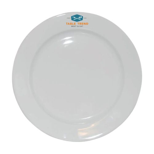 Bord brede rand wit 26,5 cm met kleurrijk TableTrend-logo op het voorvlak aangebracht.
