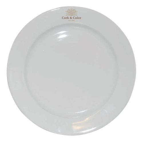 Voorzijde van porseleinen bord 28 cm met meerkleurig CorkColor-logo op de brede rand gedrukt.