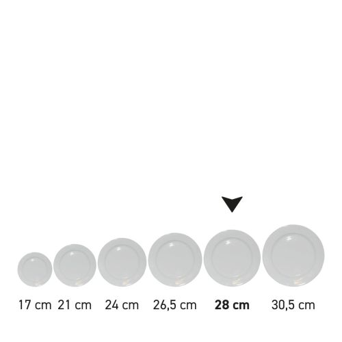Reeks witte porseleinen borden met brede rand als productserie weergegeven.