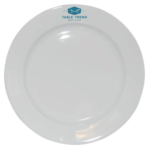 Wit bord 30,5 cm van porselein met enkelkleurig TableTrend-logo op de randzone bedrukt.