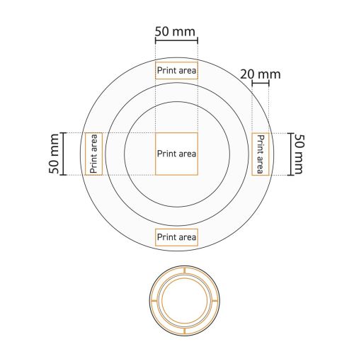 Werktekening van porseleinen diep bord met aanduiding van drukgebied op brede rand en in het midden.