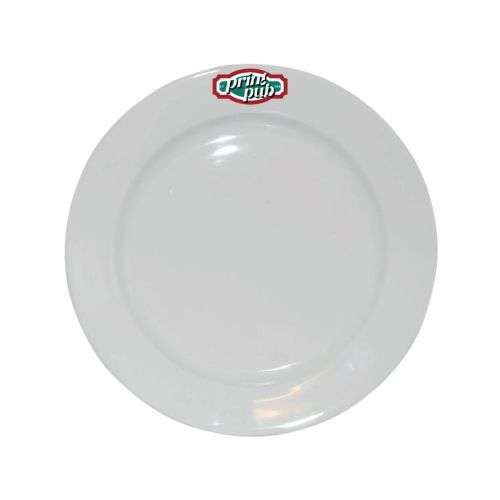 Voorzijde van porseleinen bord met brede rand van 23 cm, bedrukt met PrintPub-logo in 4 kleuren.