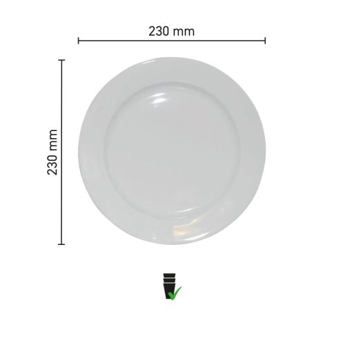 Infographic toont afmetingen van wit porseleinen diep bord met brede rand van 23 cm.