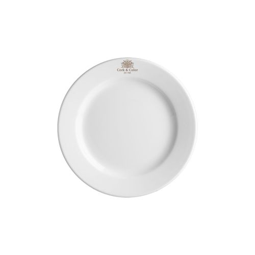 Wit porseleinen bord Princip 15 cm met centraal logo in één kleur van CorkColor aan voorzijde.