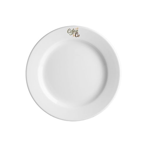 Vooraanzicht van het Bord Princip 17 cm porselein met meerkleurig CoffeeCo-logo centraal bedrukt.