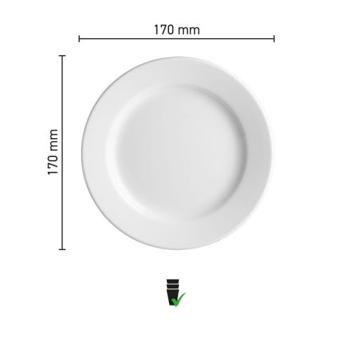 Infographic met afmetingen van Bord Princip 17 cm porselein, inclusief doorsnede en hoogte.