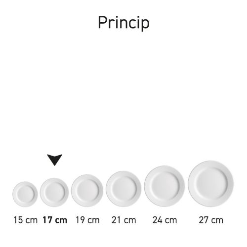 Overzicht van meerdere identieke borden Princip porselein in verschillende afmetingen als onderdeel van Princip-serie.