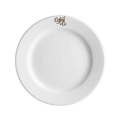 Porseleinen Bord Princip 19 cm met opdruk van CoffeeCo-logo in één kleur op het bovenvlak.