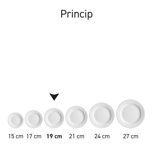 Serie weergave van meerdere identieke borden Princip  porselein van verschillende maten van de Princip-serie.