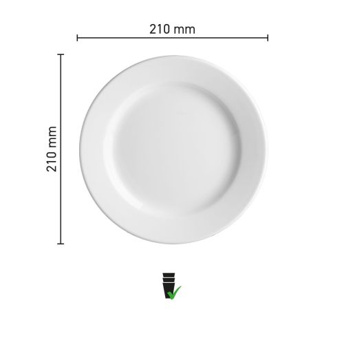 Infographic met afmetingen van het Bord Princip 21 cm porselein, zoals doorsnede en hoogte.