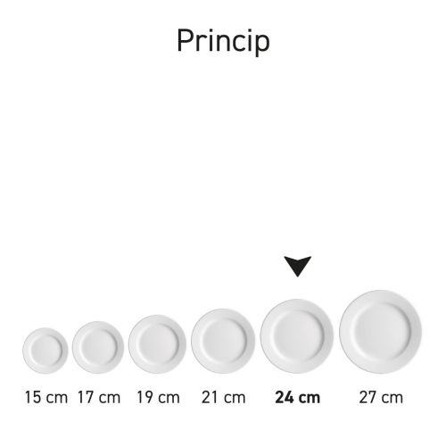 Overzicht van meerdere borden Princip 24 cm porselein in serie, variërend in inhouden.