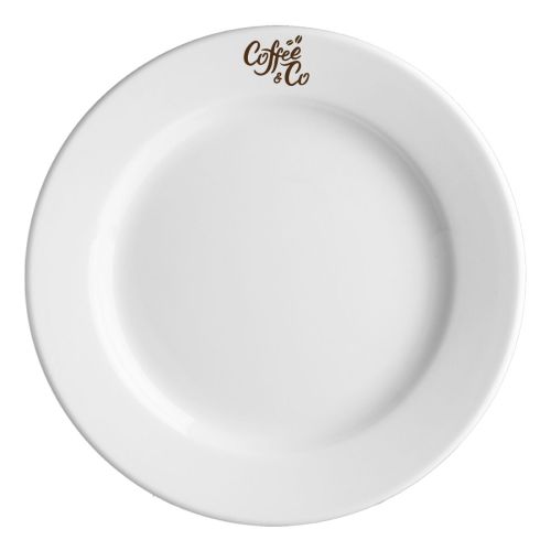 Princip bord 27 cm met éénkleurig CoffeeCo-logo gecentreerd op het witte porselein.