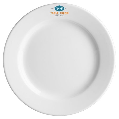 Porseleinen bord Princip 28 cm met TableTrend-logo in meerdere kleuren op de voorzijde gedrukt.