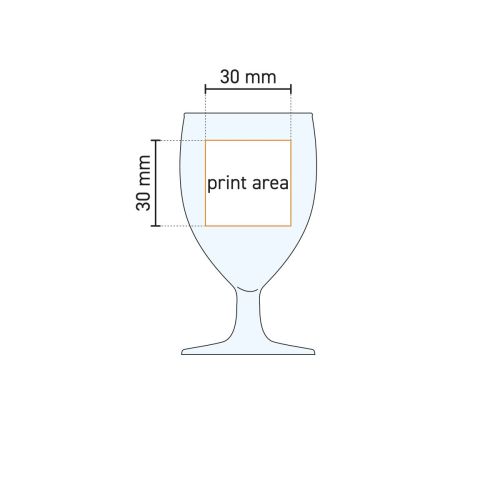 Technische werktekening met drukgebied op Gilde borrelglas 3,5 cl, aanduiding van bedrukkingsvlak.