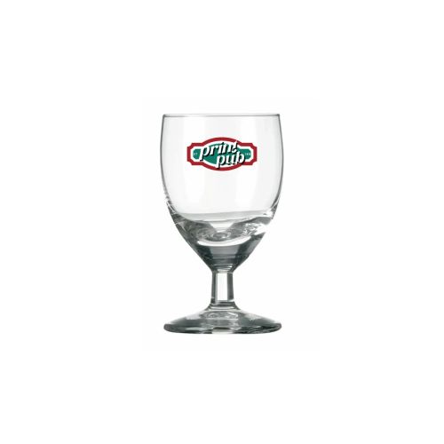 Borrelglas Gilde 3,5 cl. met meerkleurig PrintPub-logo op het vooraanzicht, gedrukt op helder glas.