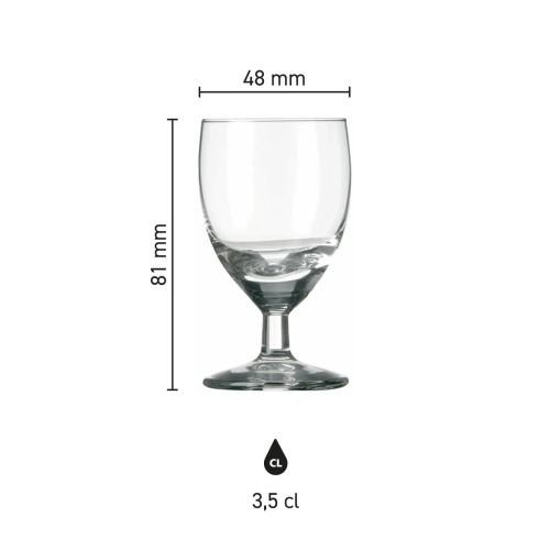 Infographic met afmetingen van borrelglas Gilde 3,5 cl, inclusief hoogte en diameter.