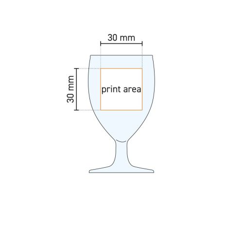 Technische tekening van drukgebied op borrelglas Gilde 6 cl. met markeringen voor bedrukking.