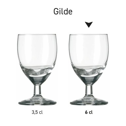 Serie borrelglazen Gilde in helder glas, opgesteld met verschillende inhouden.