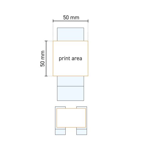 Technische werktekening van borrelglas  Islande 6,5 cl. met aanduiding van het drukgebied op het glas.