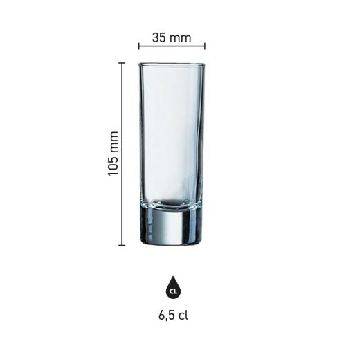 Infographic met maatvoering van borrelglas Islande 6,5 cl. inclusief diameter en hoogte.