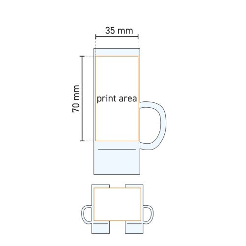 Technische werktekening met drukgebied op Islande borrelglas 5,5 cl met oor, markeringen voor bedrukking.