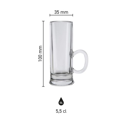 Infographic met maatvoering van Islande borrelglas met oor 5,5 cl, inclusief hoogte en diameter.