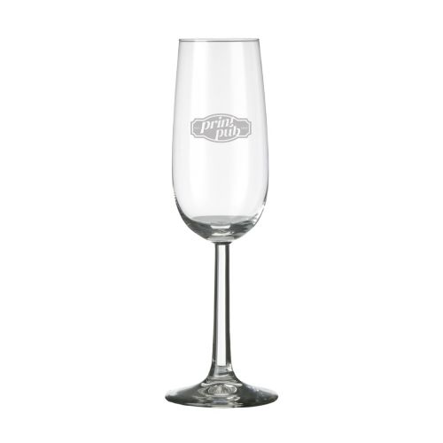 Bouquet champagneflute 17 cl. met fijn gegraveerd PrintPub-logo op de voorzijde.