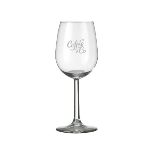 Bouquet wijnglas 23 cl. met fijn gegraveerd PrintPub-logo op de voorzijde van het glas.