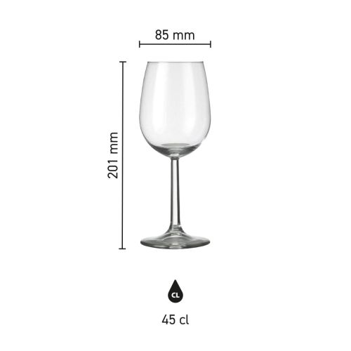 Infographic van glasafmetingen van het Bouquet wijnglas 45 cl., met hoogte en diameter.