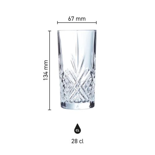 Infographic van het Broadway Longdrinkglas 28 cl. met aangegeven hoogte en diameter.